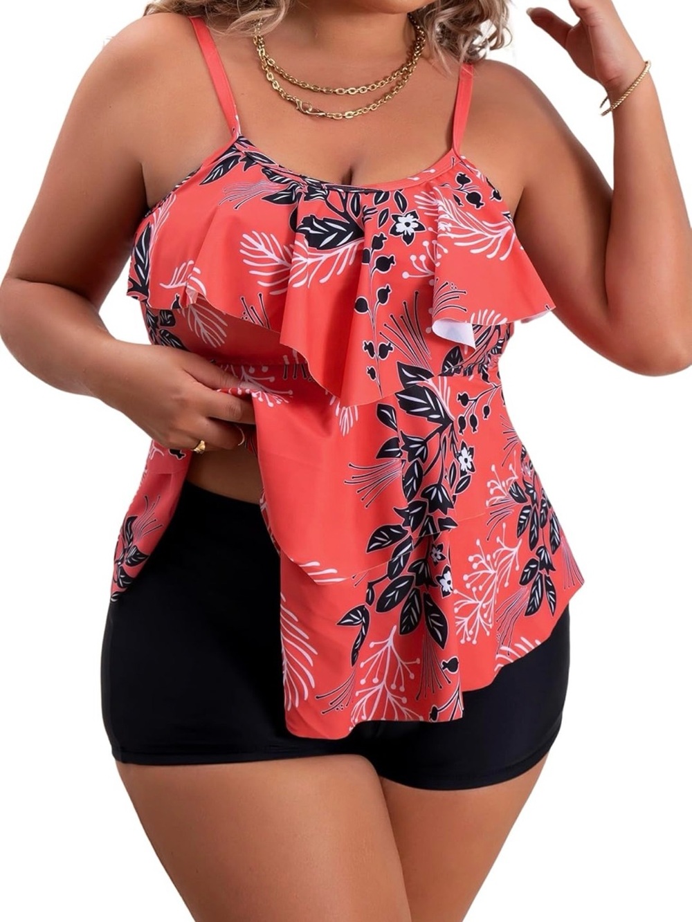 Plus Size Coral Floral Ruffle Tankini with Boyshort